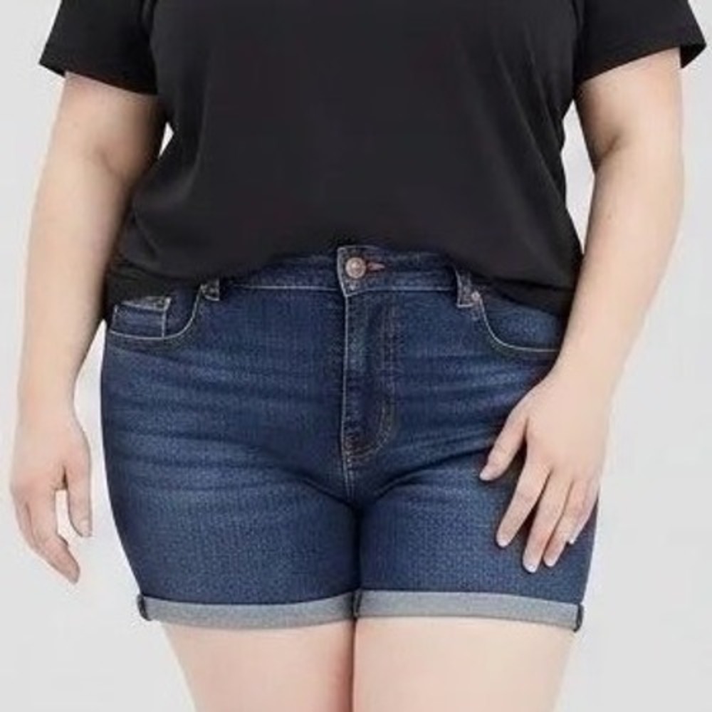 Denizen from Levis Womens Mid Rise Bermuda Shorts Dark Wash Blue Cuffed Denim